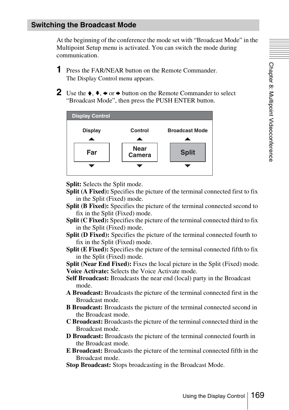 Switching the broadcast mode, Switching the broadcast mode . 169 | Sony PCS-1/1P User Manual | Page 169 / 216