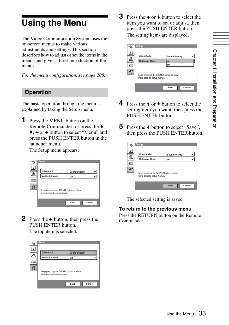 Using the menu, Operation | Sony PCS-1/1P User Manual | Page 33 / 216