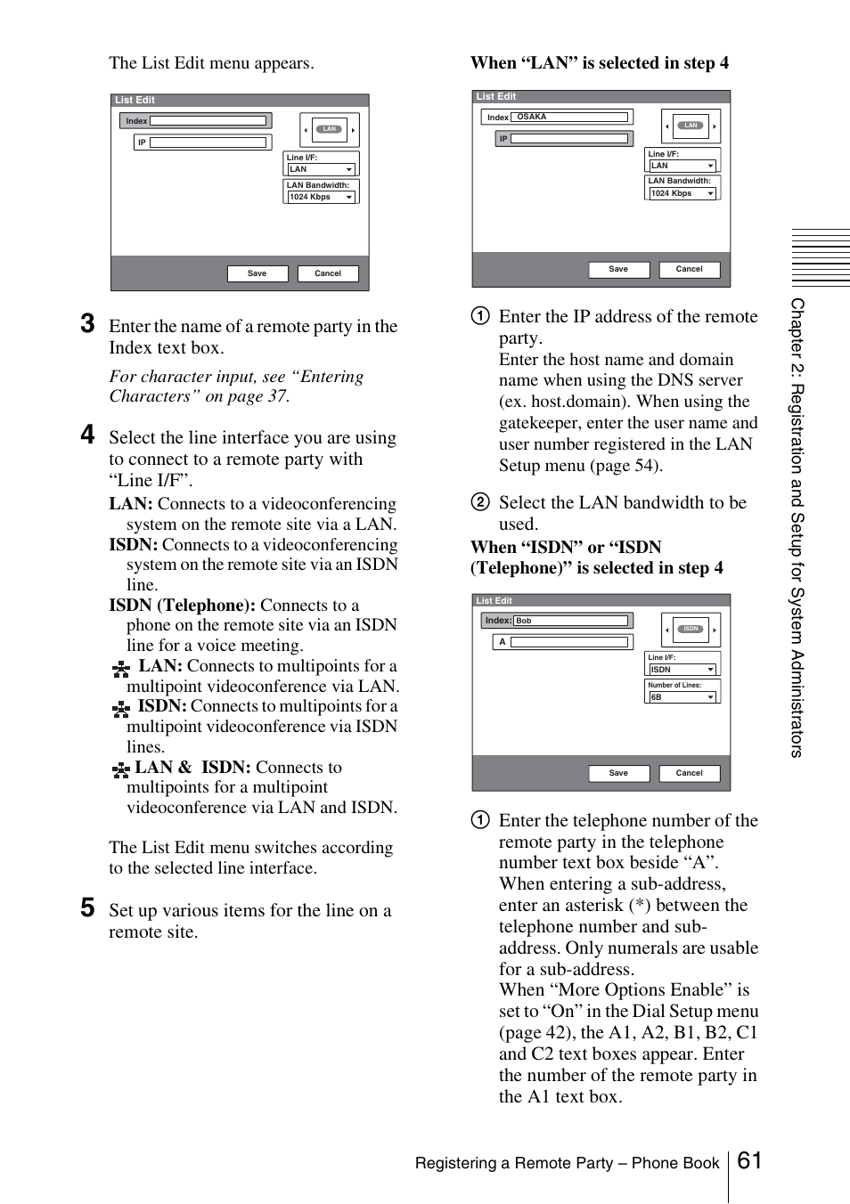 Set up various items for the line on a remote site, 1enter the ip address of the remote party, 2select the lan bandwidth to be used | The list edit menu appears, When “lan” is selected in step 4 | Sony PCS-1/1P User Manual | Page 61 / 216