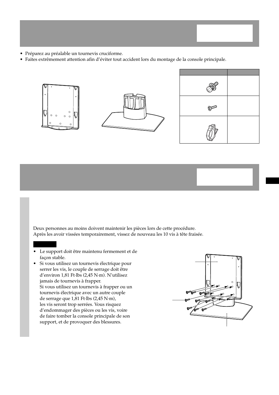 Etape 1 : vérification des pièces, Etape 2 : montage de la console principale, A l’attention des revendeurs sony | Sony SU-P42T1 User Manual | Page 15 / 32