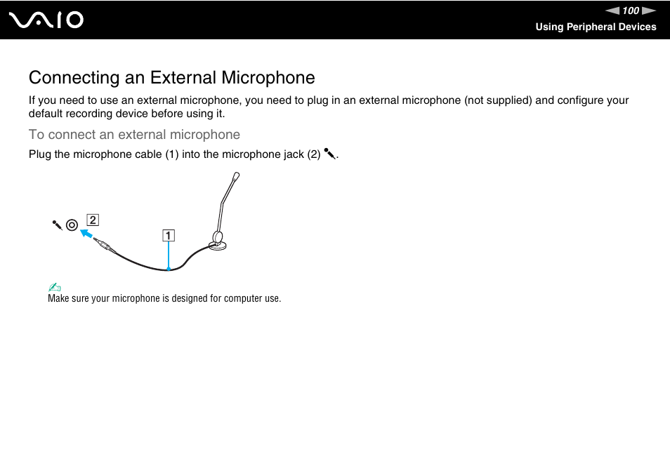Connecting an external microphone | Sony VGN-BX700 User Manual | Page 100 / 223