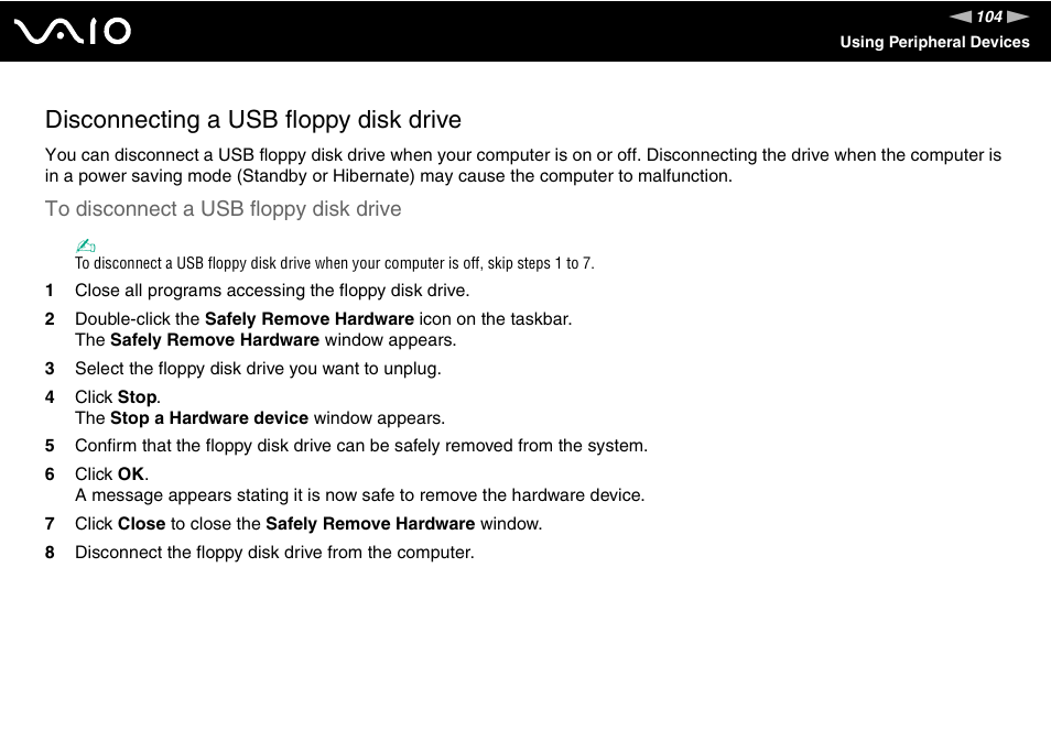 Disconnecting a usb floppy disk drive | Sony VGN-BX700 User Manual | Page 104 / 223