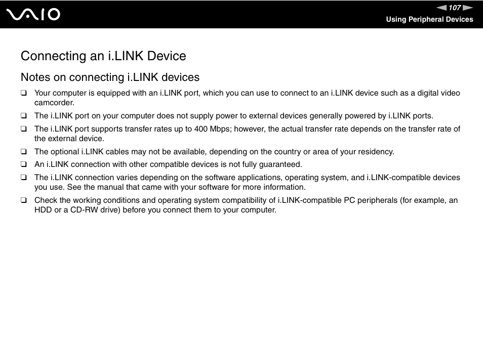 Connecting an i.link device | Sony VGN-BX700 User Manual | Page 107 / 223