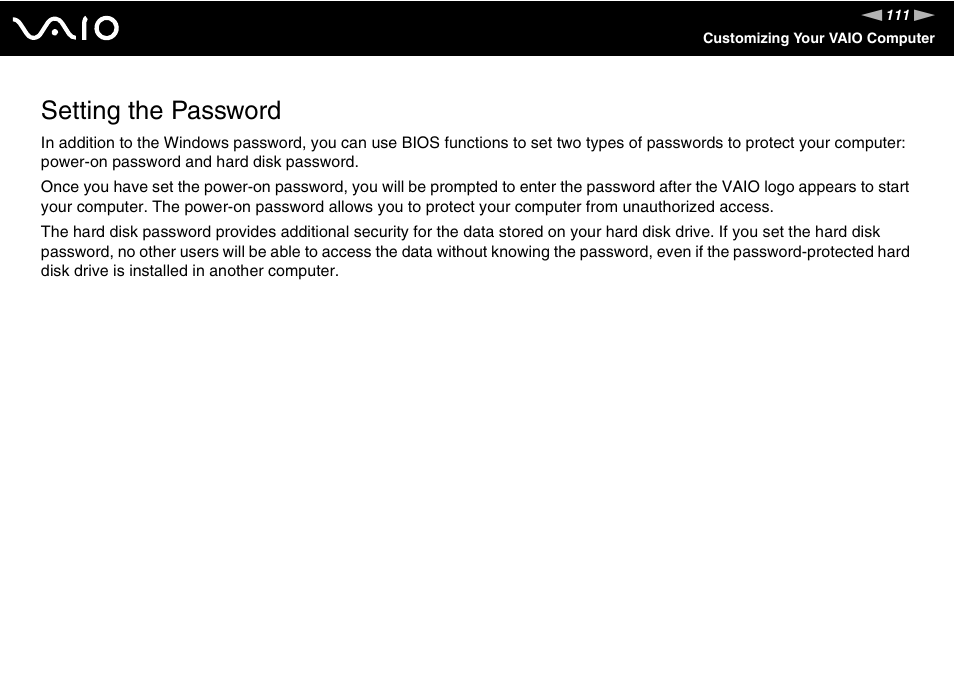 Setting the password | Sony VGN-BX700 User Manual | Page 111 / 223
