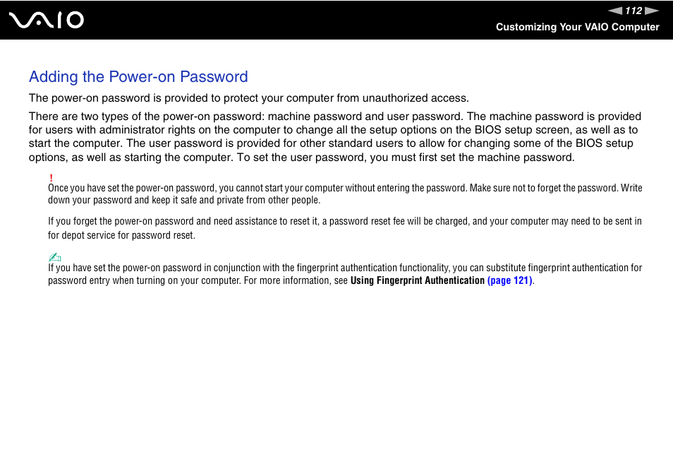 Adding the power-on password | Sony VGN-BX700 User Manual | Page 112 / 223