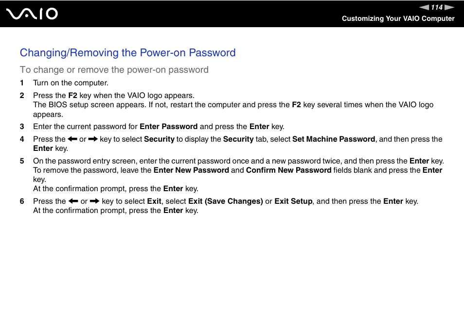 Changing/removing the power-on password | Sony VGN-BX700 User Manual | Page 114 / 223