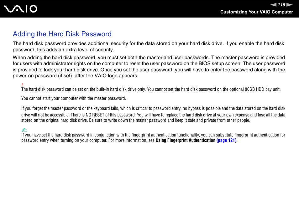 Adding the hard disk password | Sony VGN-BX700 User Manual | Page 115 / 223