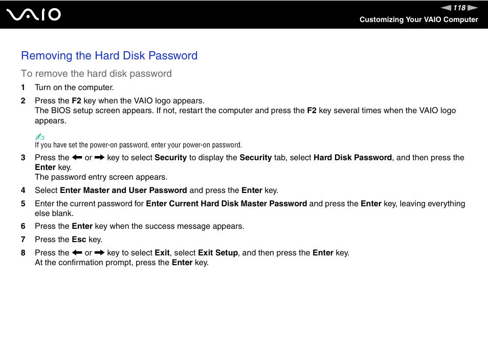 Removing the hard disk password | Sony VGN-BX700 User Manual | Page 118 / 223
