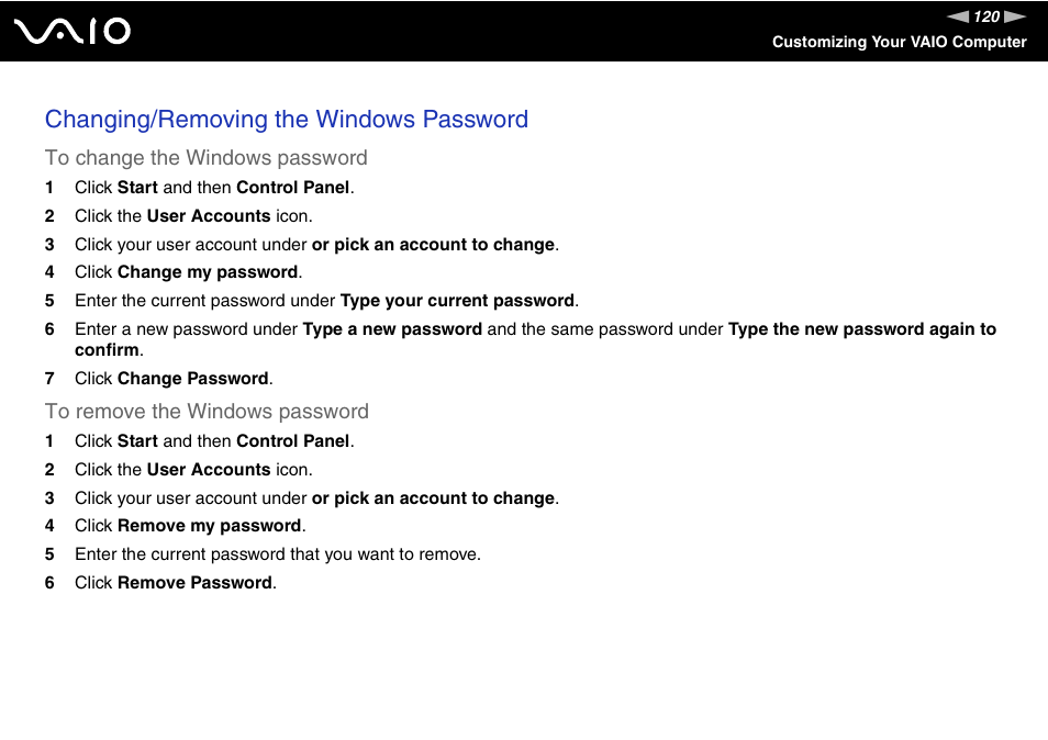 Changing/removing the windows password | Sony VGN-BX700 User Manual | Page 120 / 223