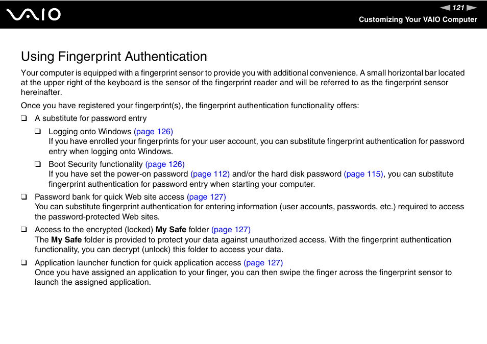 Using fingerprint authentication, Tion | Sony VGN-BX700 User Manual | Page 121 / 223