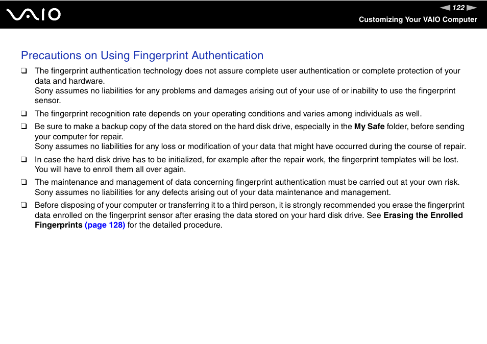Precautions on using fingerprint authentication | Sony VGN-BX700 User Manual | Page 122 / 223