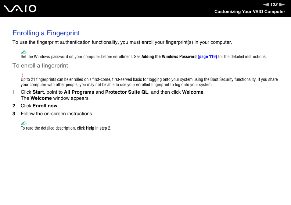 Enrolling a fingerprint | Sony VGN-BX700 User Manual | Page 123 / 223