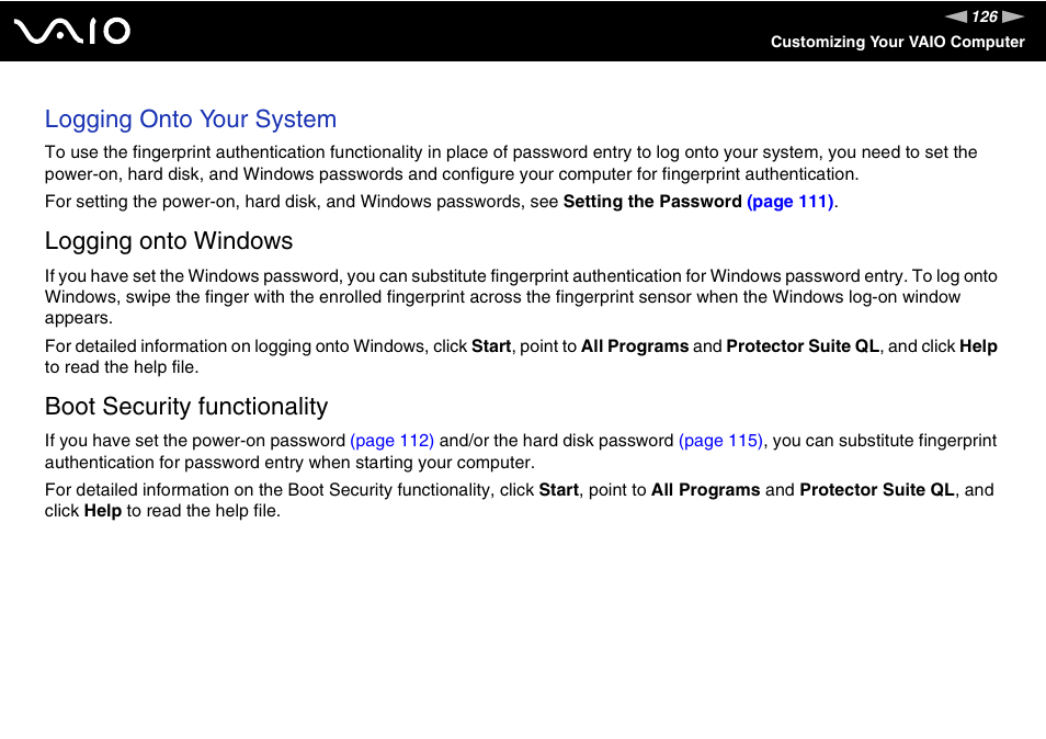 Logging onto your system, Logging onto windows, Boot security functionality | Sony VGN-BX700 User Manual | Page 126 / 223