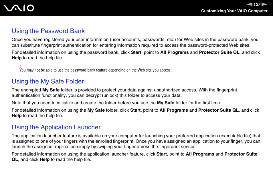 Using the password bank, Using the my safe folder, Using the application launcher | Sony VGN-BX700 User Manual | Page 127 / 223
