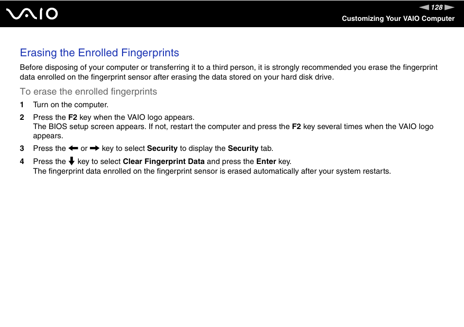 Erasing the enrolled fingerprints | Sony VGN-BX700 User Manual | Page 128 / 223