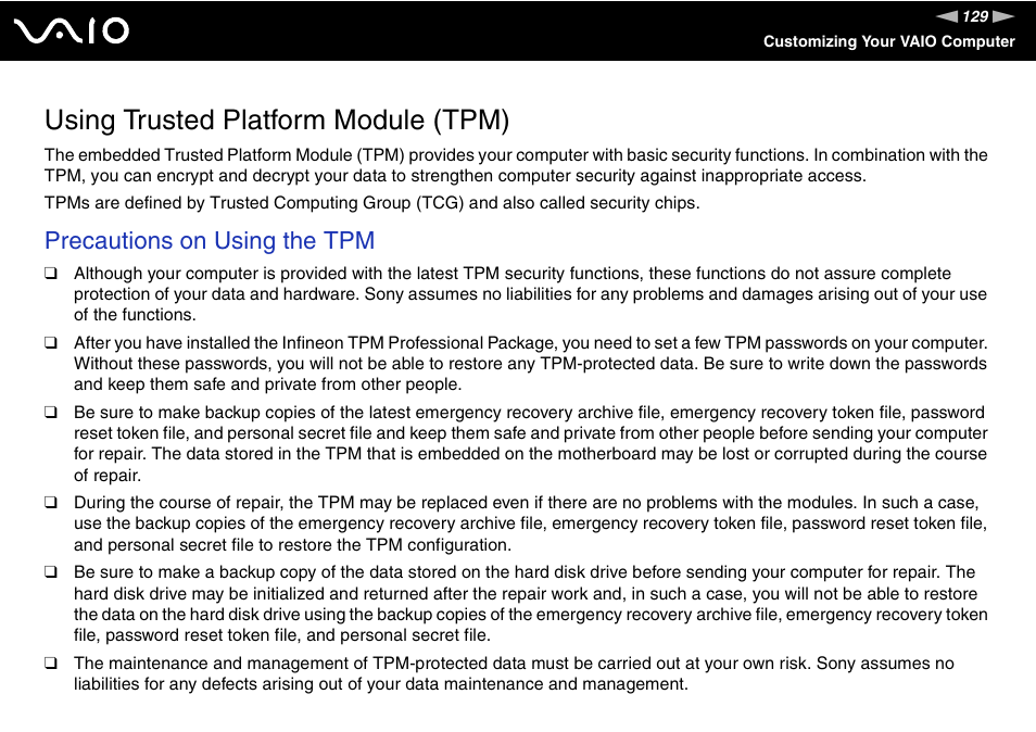 Using trusted platform module (tpm), Precautions on using the tpm | Sony VGN-BX700 User Manual | Page 129 / 223