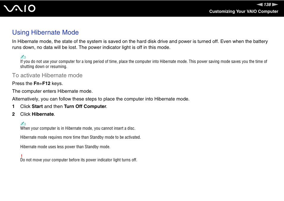 Using hibernate mode | Sony VGN-BX700 User Manual | Page 138 / 223