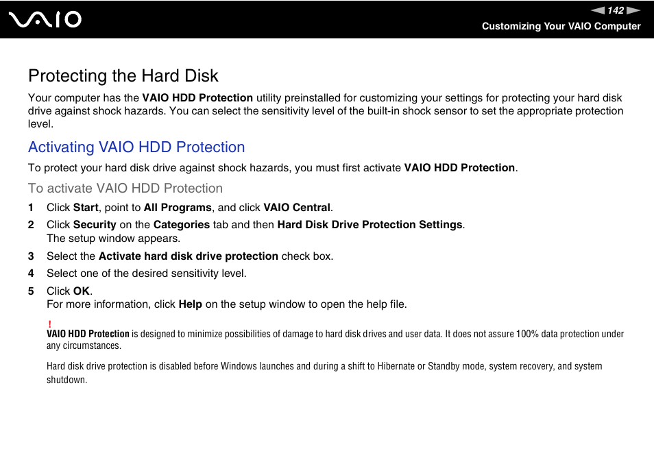Protecting the hard disk, Activating vaio hdd protection | Sony VGN-BX700 User Manual | Page 142 / 223