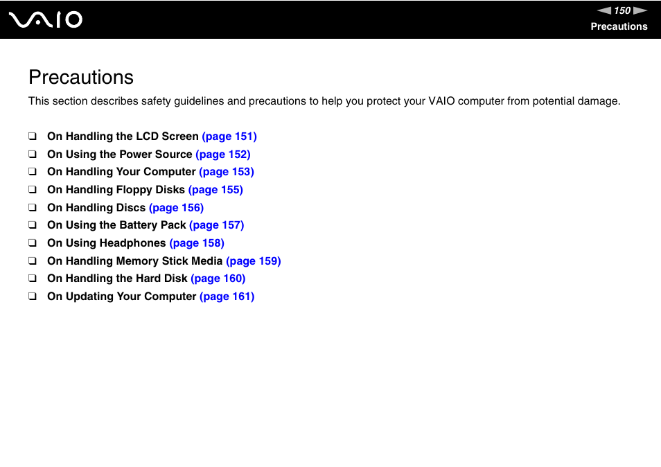 Precautions | Sony VGN-BX700 User Manual | Page 150 / 223
