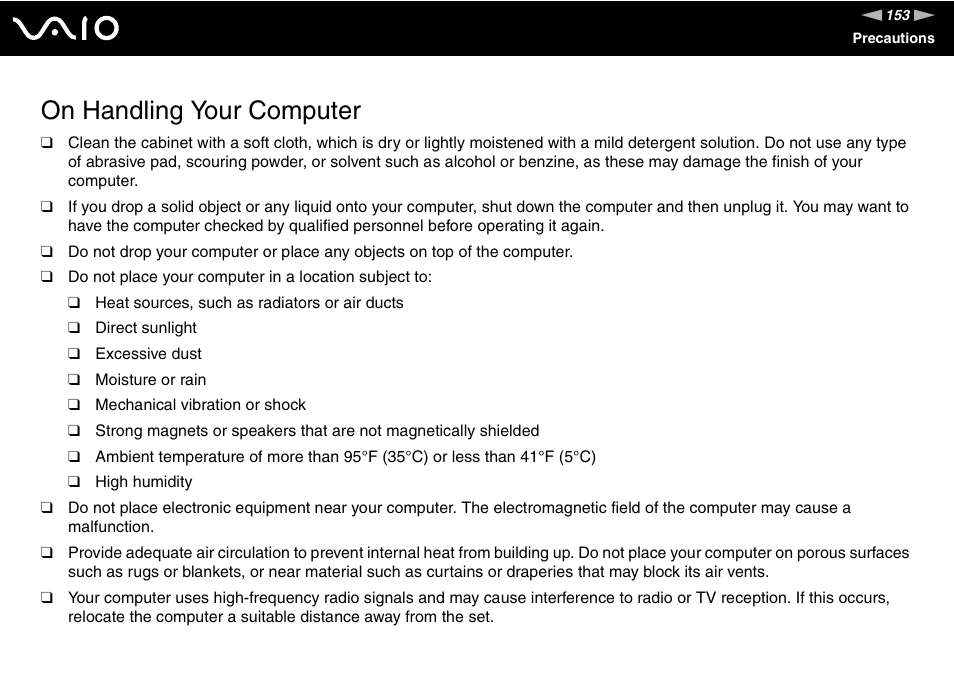 On handling your computer | Sony VGN-BX700 User Manual | Page 153 / 223