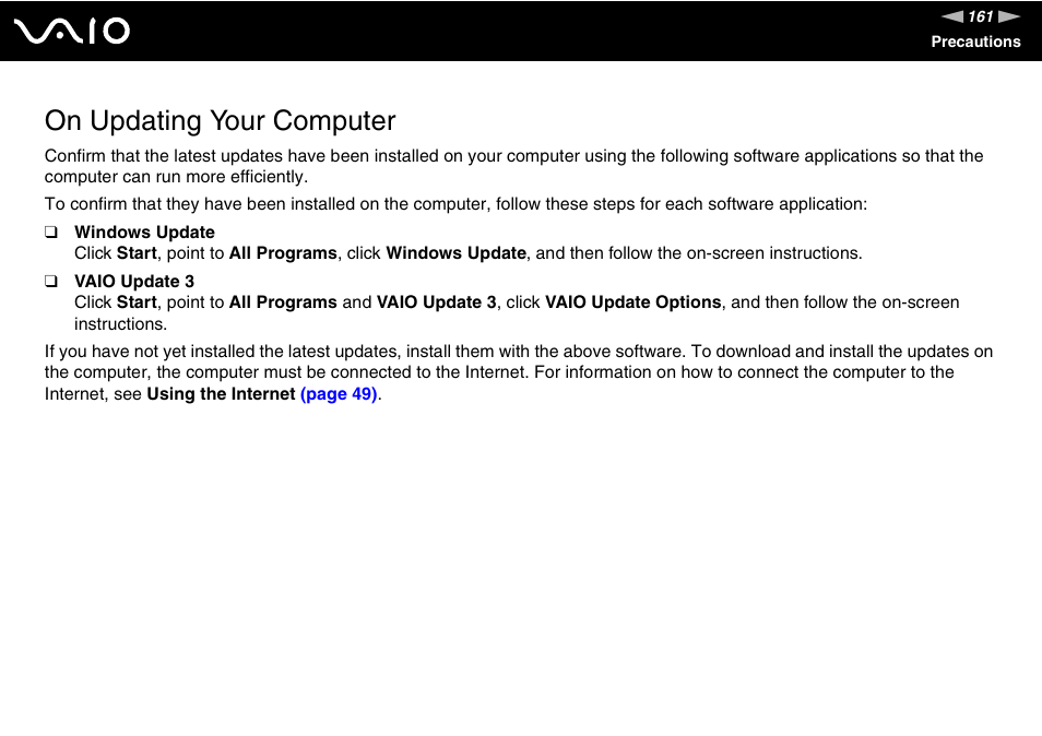 On updating your computer | Sony VGN-BX700 User Manual | Page 161 / 223