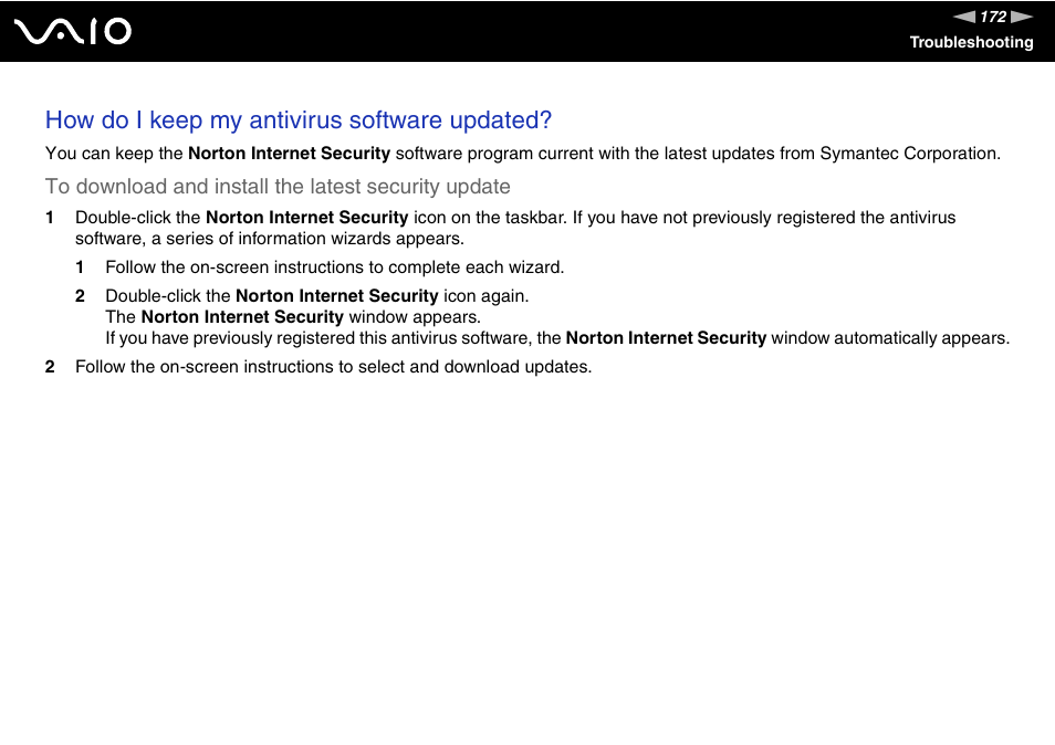 How do i keep my antivirus software updated | Sony VGN-BX700 User Manual | Page 172 / 223
