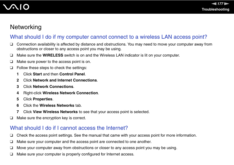 Networking, What should i do if i cannot access the internet | Sony VGN-BX700 User Manual | Page 177 / 223