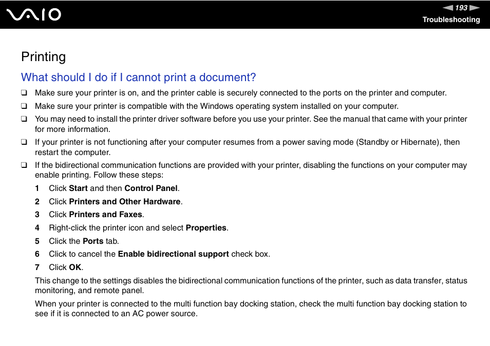 Printing, Inting, What should i do if i cannot print a document | Sony VGN-BX700 User Manual | Page 193 / 223