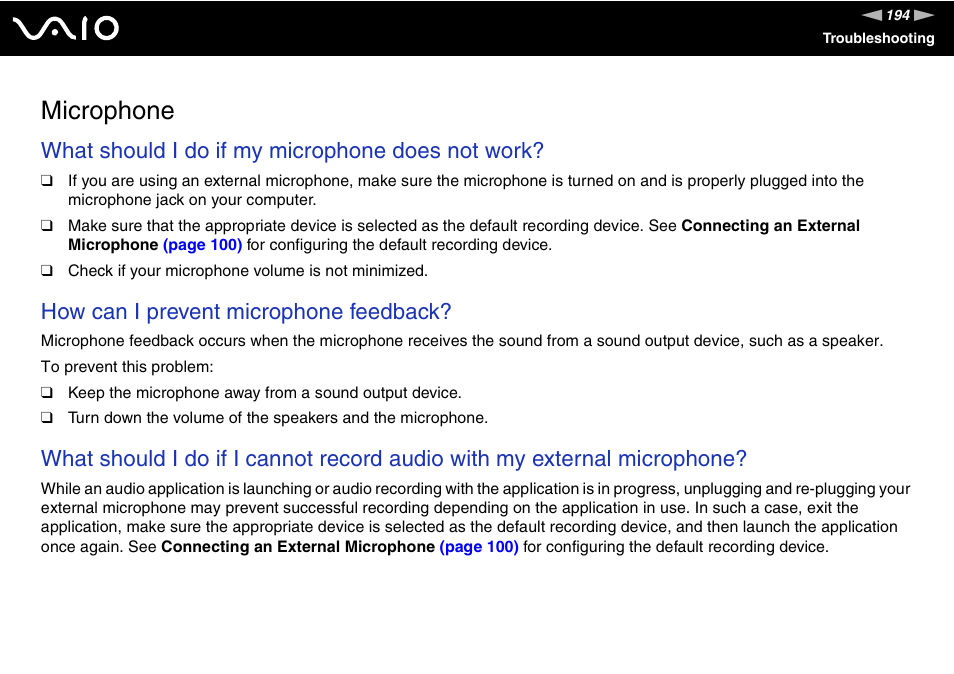 Microphone, What should i do if my microphone does not work, How can i prevent microphone feedback | Sony VGN-BX700 User Manual | Page 194 / 223