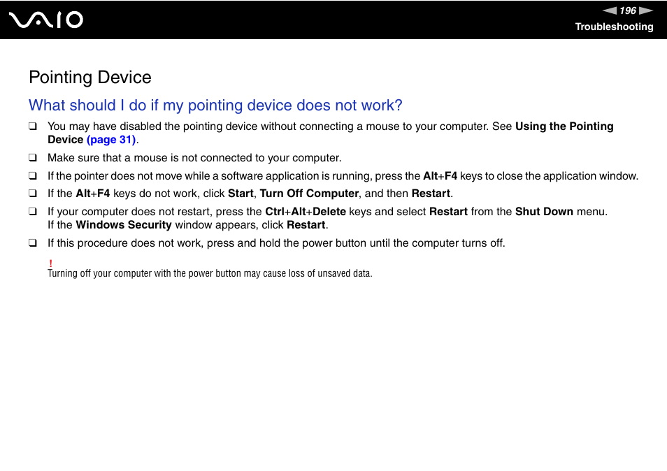 Pointing device | Sony VGN-BX700 User Manual | Page 196 / 223