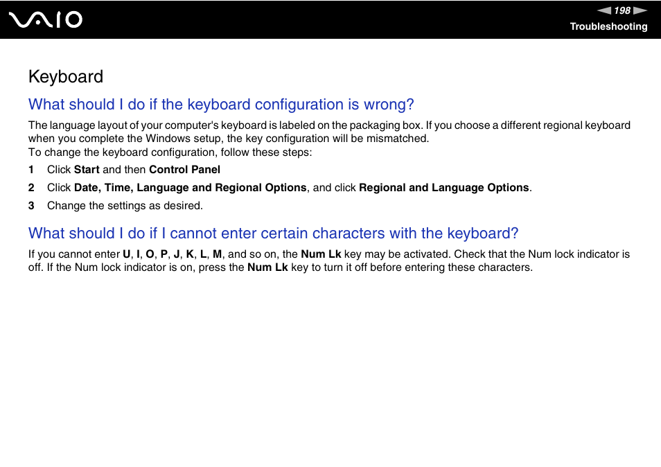 Keyboard | Sony VGN-BX700 User Manual | Page 198 / 223