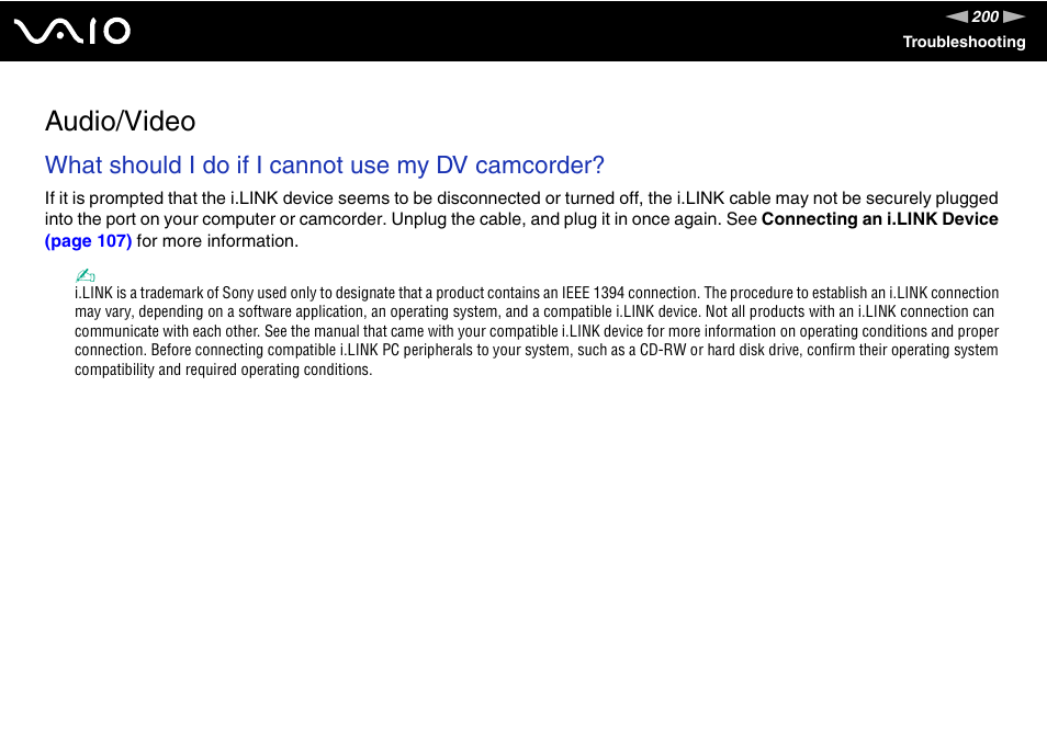 Audio/video, What should i do if i cannot use my dv camcorder | Sony VGN-BX700 User Manual | Page 200 / 223