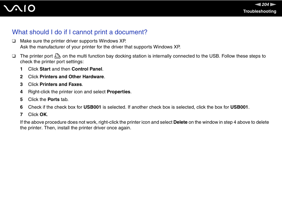 What should i do if i cannot print a document | Sony VGN-BX700 User Manual | Page 204 / 223