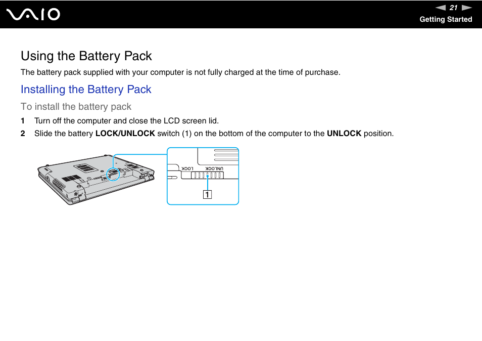 Using the battery pack, Installing the battery pack | Sony VGN-BX700 User Manual | Page 21 / 223