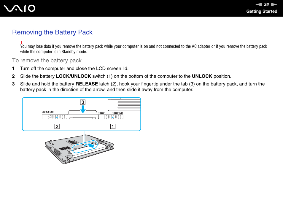 Removing the battery pack | Sony VGN-BX700 User Manual | Page 26 / 223