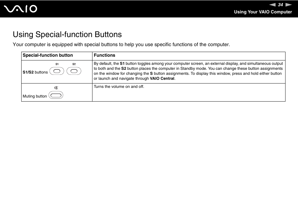 Using special-function buttons | Sony VGN-BX700 User Manual | Page 34 / 223