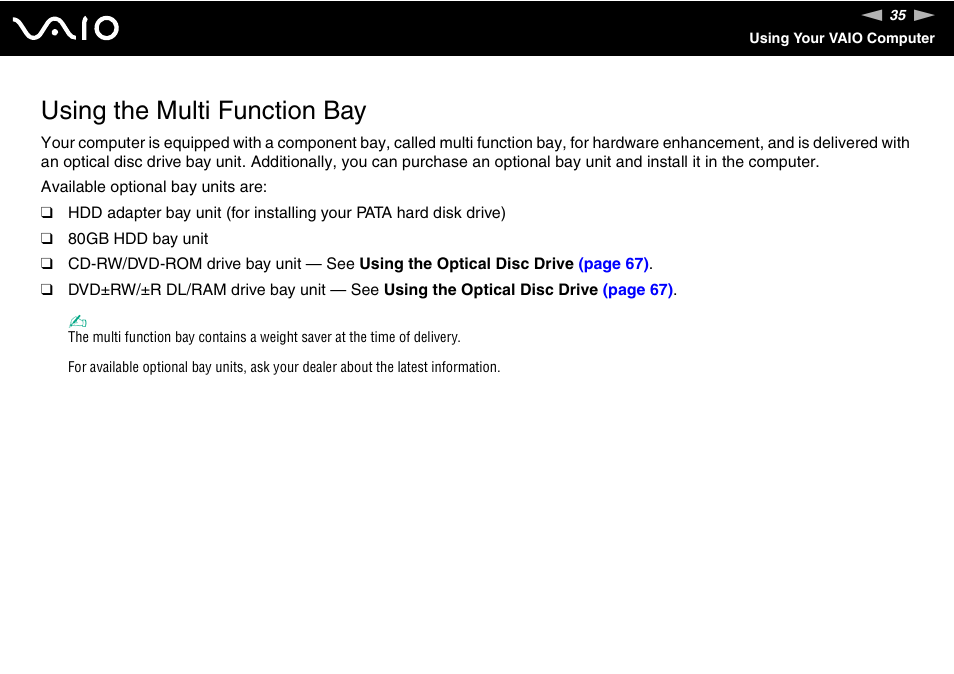 Using the multi function bay | Sony VGN-BX700 User Manual | Page 35 / 223