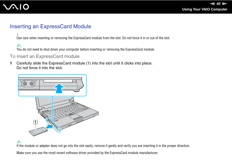 Inserting an expresscard module | Sony VGN-BX700 User Manual | Page 40 / 223