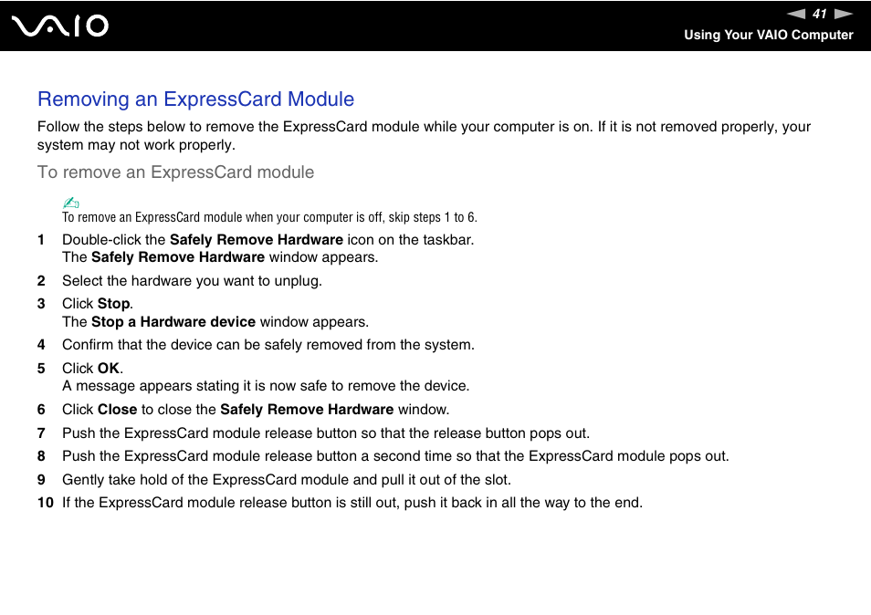 Removing an expresscard module | Sony VGN-BX700 User Manual | Page 41 / 223