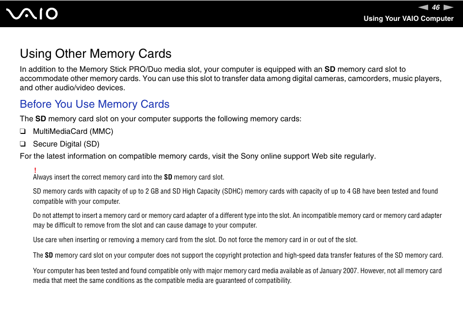 Using other memory cards | Sony VGN-BX700 User Manual | Page 46 / 223