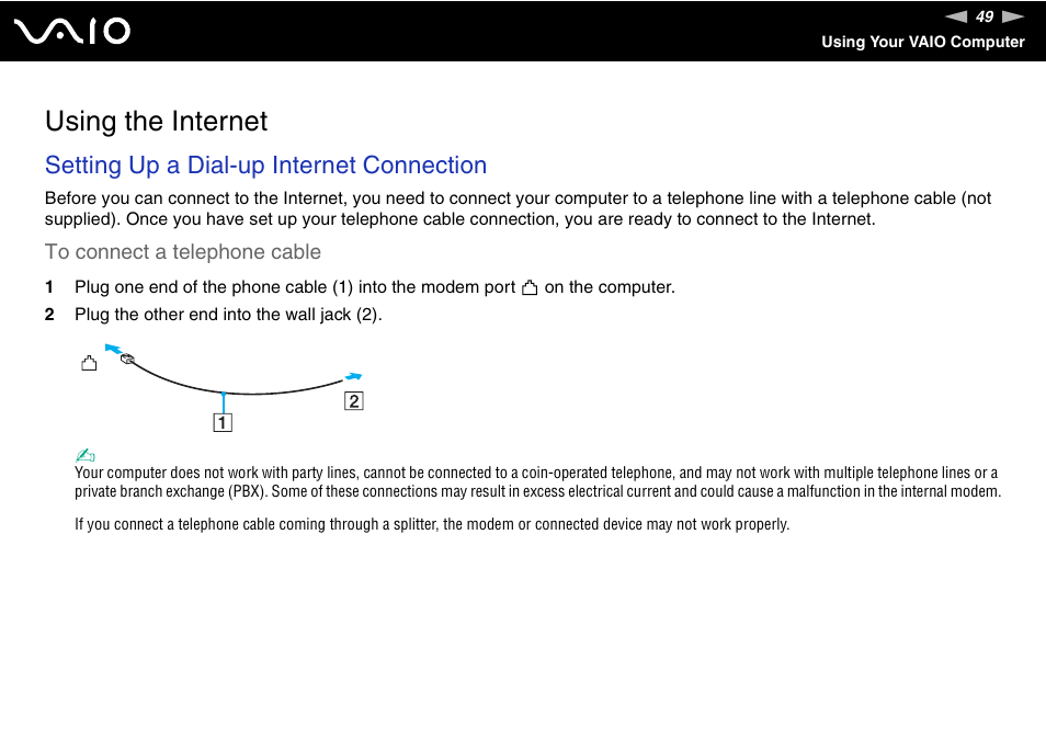 Using the internet, Setting up a dial-up internet connection | Sony VGN-BX700 User Manual | Page 49 / 223