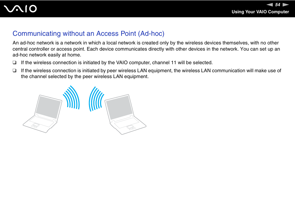 Communicating without an access point (ad-hoc) | Sony VGN-BX700 User Manual | Page 54 / 223