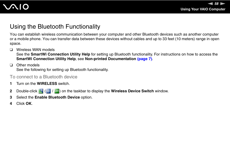 Using the bluetooth functionality | Sony VGN-BX700 User Manual | Page 58 / 223