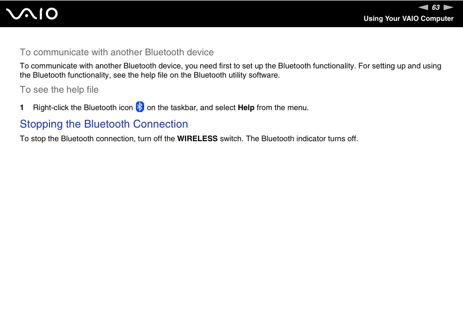 Stopping the bluetooth connection | Sony VGN-BX700 User Manual | Page 63 / 223