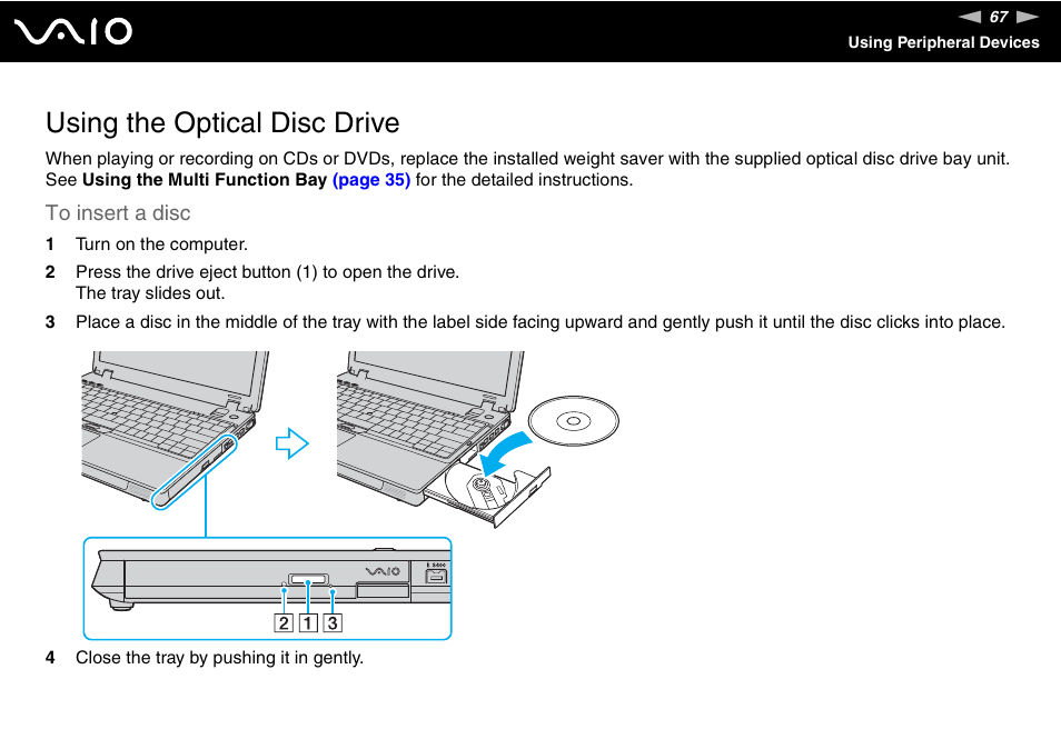 Using the optical disc drive | Sony VGN-BX700 User Manual | Page 67 / 223