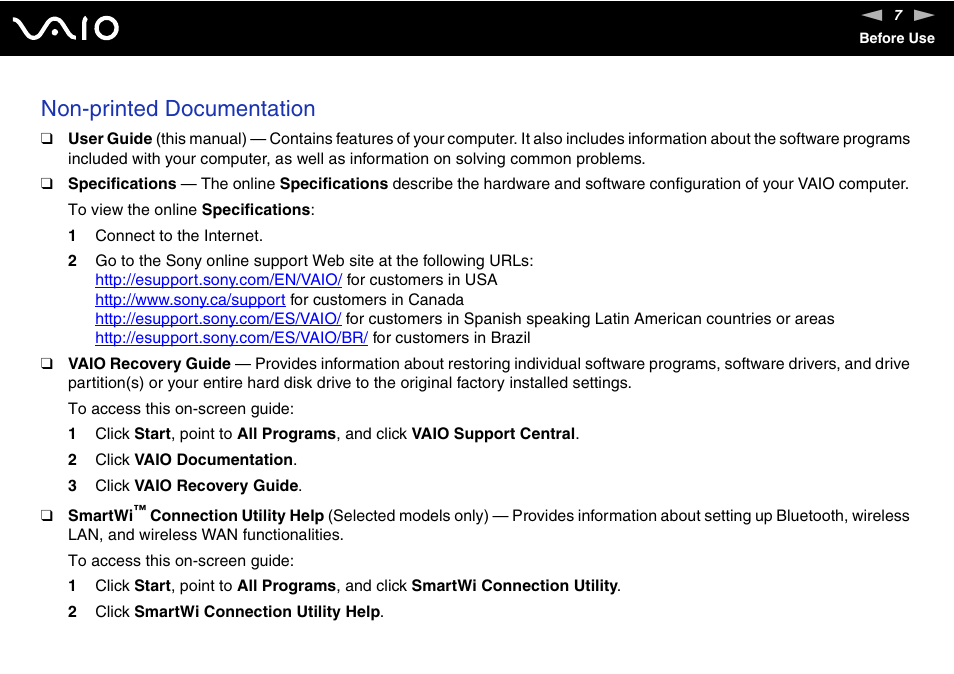 Non-printed documentation | Sony VGN-BX700 User Manual | Page 7 / 223