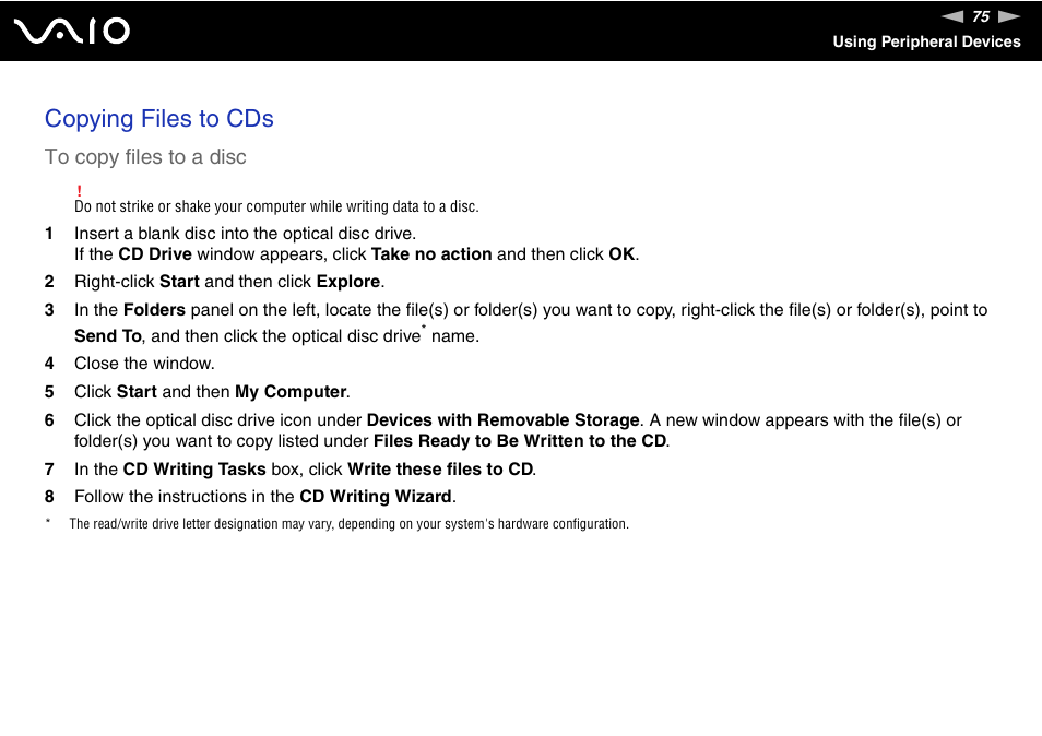 Copying files to cds | Sony VGN-BX700 User Manual | Page 75 / 223