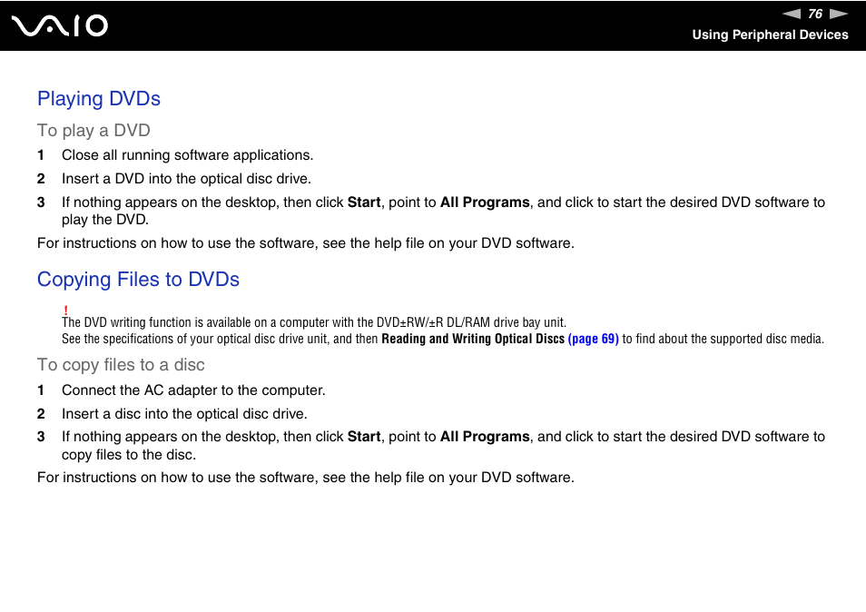 Playing dvds, Copying files to dvds | Sony VGN-BX700 User Manual | Page 76 / 223