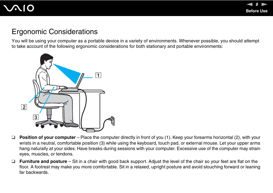 Ergonomic considerations | Sony VGN-BX700 User Manual | Page 8 / 223
