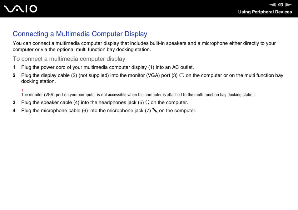 Connecting a multimedia computer display | Sony VGN-BX700 User Manual | Page 93 / 223